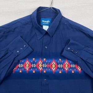 Vintage Wrangler‎ Aztec Western Pearl Snap Button Down Shirt Blue Yoke